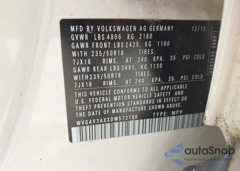 2013 Volkswagen Tiguan Se from USA, damaged, VIN WVGAV3AXXDW572100